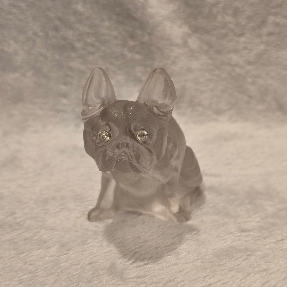 Frosted Glass French Bulldog Figurine‎ with Rhinestone Eyes Frenchie Decor